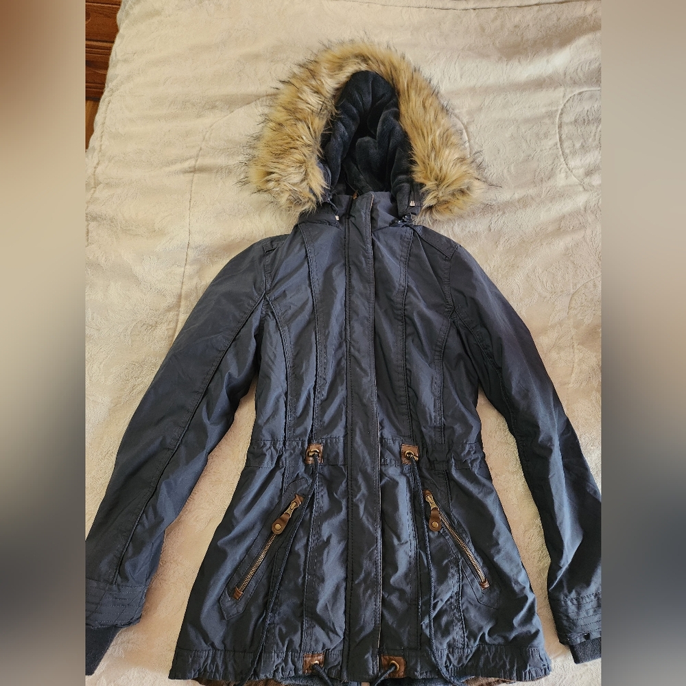 Navy winter coat with fur hood
